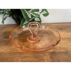 Vintage Pink Depression Glass Tidbit Tray Heart Handle Serving Dish Retro Dining